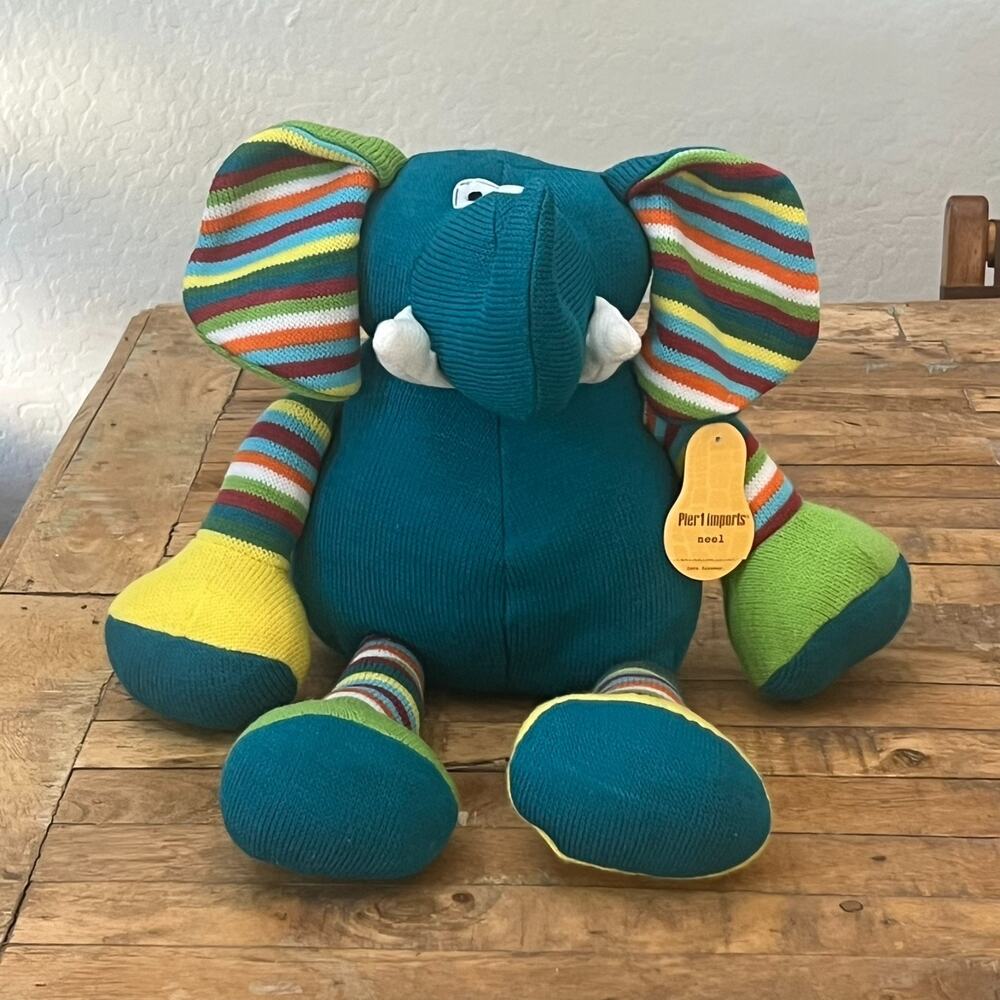 Pier 1 Imports Neel Elephant Stuffed Animal 18" Sweater Multicolor Plush Toy NWT